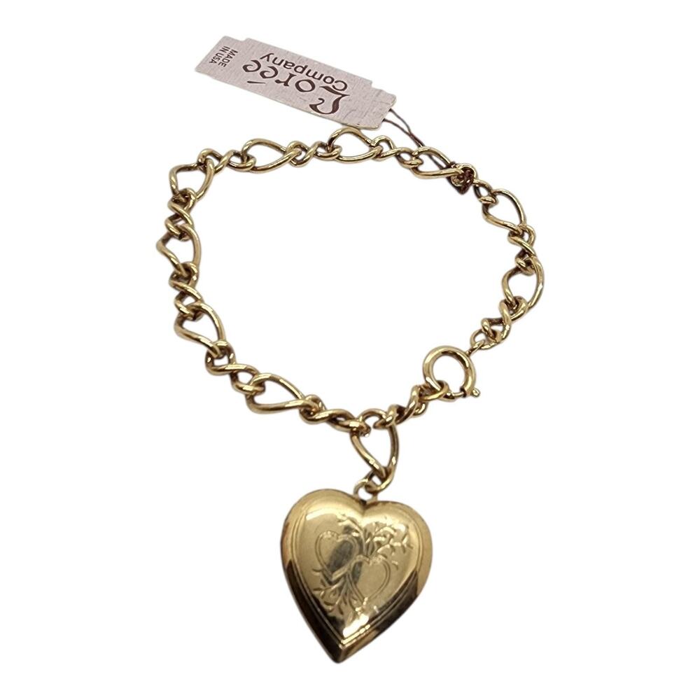 Vintage Puffy Heart Locket Charm Bracelet Gold Tone Made USA Chunky 1970s